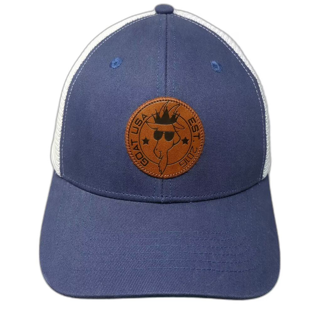 GOAT USA Trucker Hat Blue White OS Mesh Snapback Leather Patch Logo Hat 2016